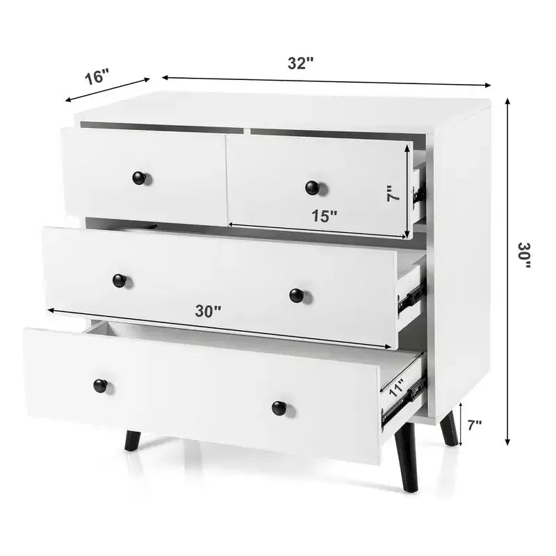 Costway 4 Drawers Dresser Chest of Drawers Free Standing Sideboard Cabinet White