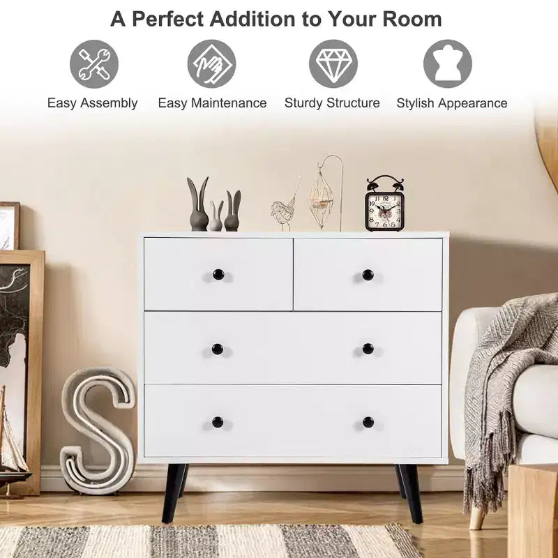 Costway 4 Drawers Dresser Chest of Drawers Free Standing Sideboard Cabinet White