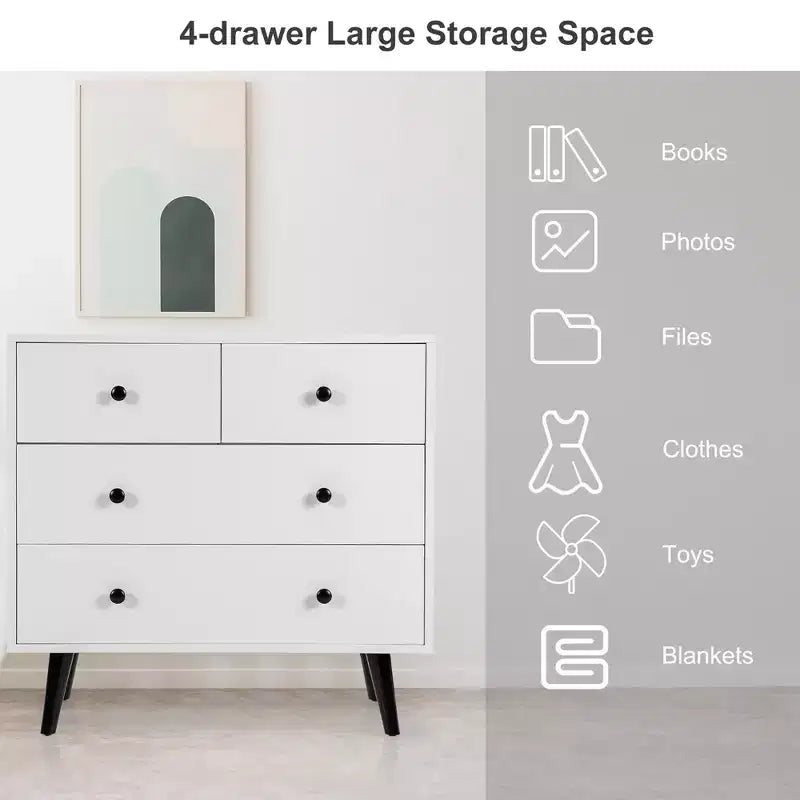 Costway 4 Drawers Dresser Chest of Drawers Free Standing Sideboard Cabinet White