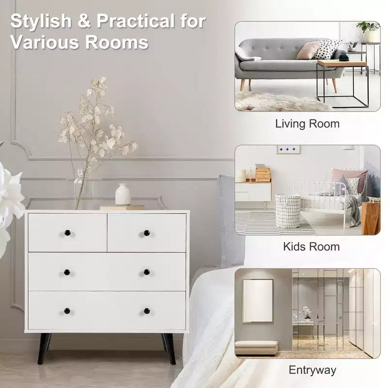 Costway 4 Drawers Dresser Chest of Drawers Free Standing Sideboard Cabinet White