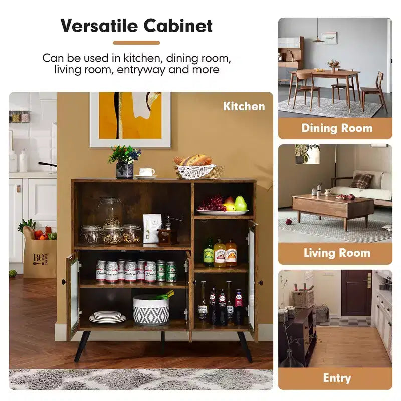 Costway Buffet Sideboard Kitchen Storage Cupboard w/ Glass Door & Adjustable Shelves