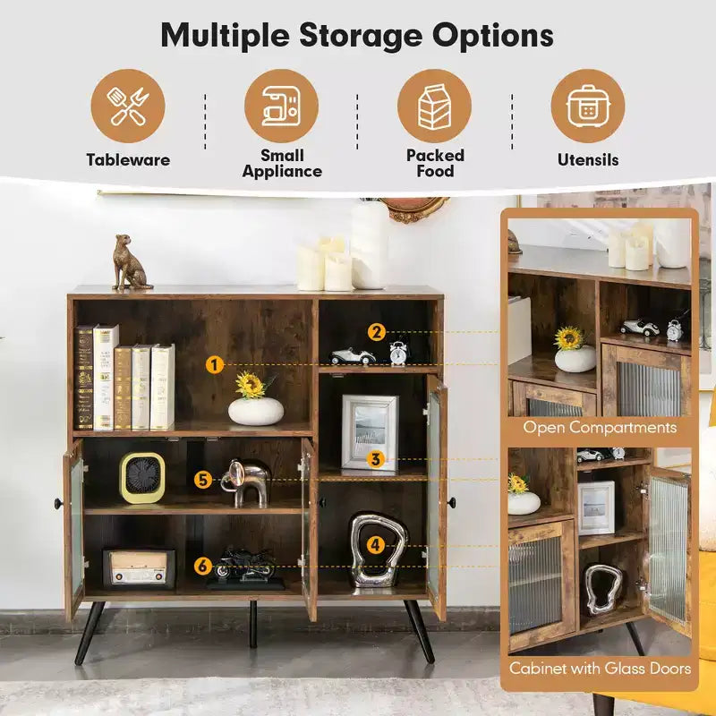 Costway Buffet Sideboard Kitchen Storage Cupboard w/ Glass Door & Adjustable Shelves
